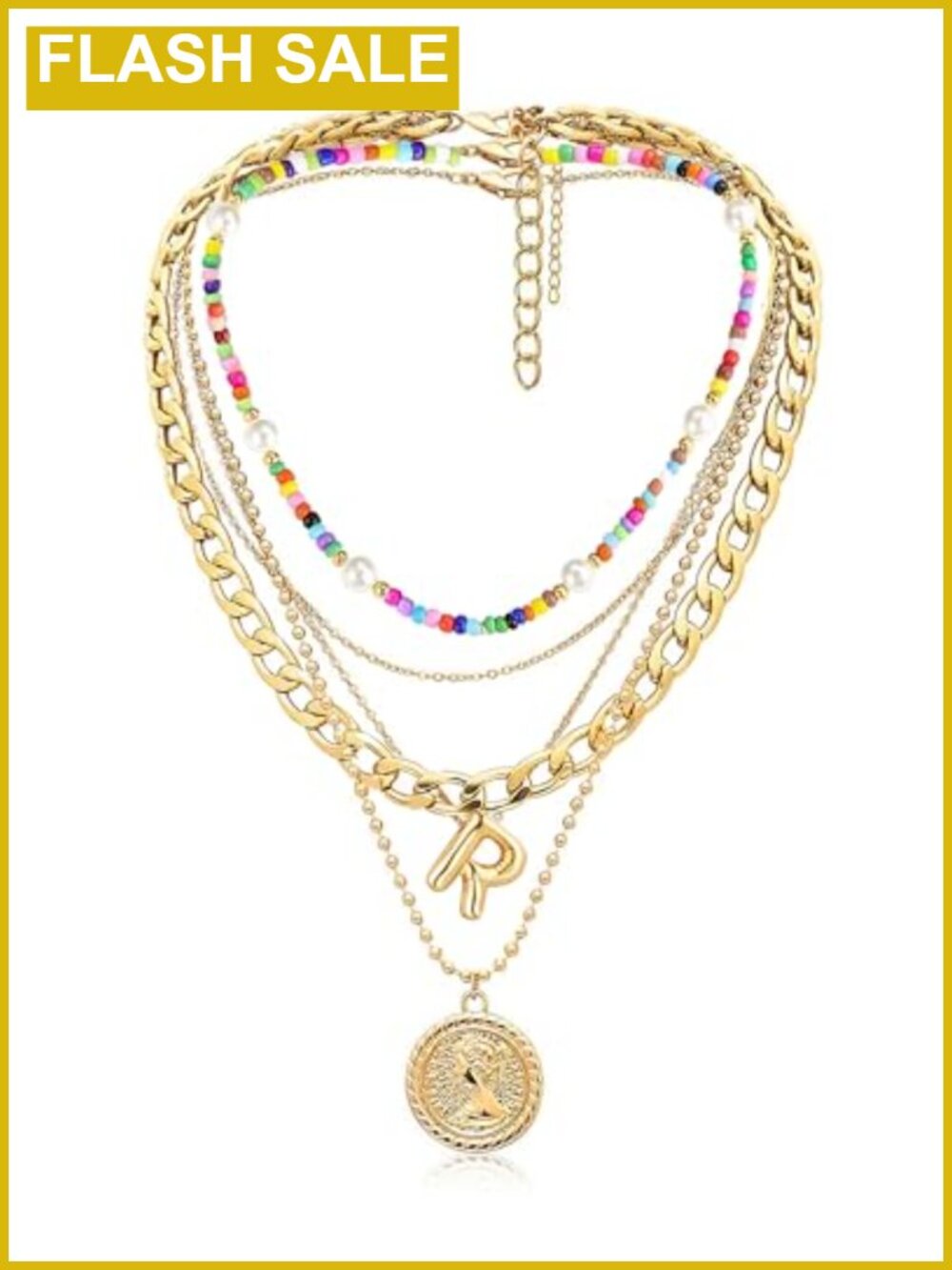 Layered Necklace Set 3pc Brass Cuban Chain Beaded Choker Initial Pendant